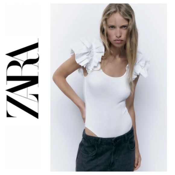 NWT Zara Ruffled Rib Round Neck Short Sleeve Bodysuit in White, Size Small - Picture 1 of 15